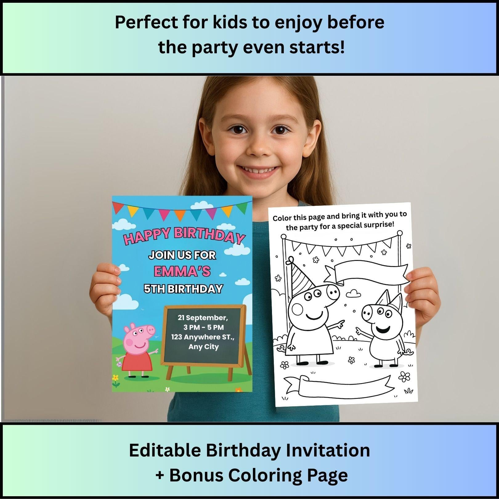 Happy child holding Peppa Pig birthday invitation template and bonus coloring page for kids party
