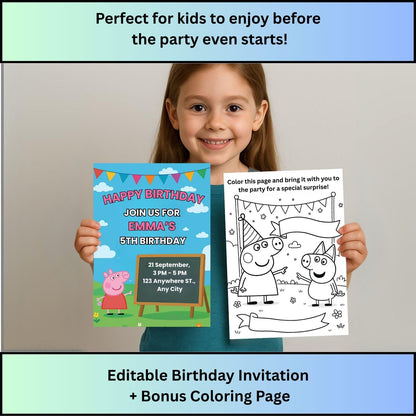 Happy child holding Peppa Pig birthday invitation template and bonus coloring page for kids party