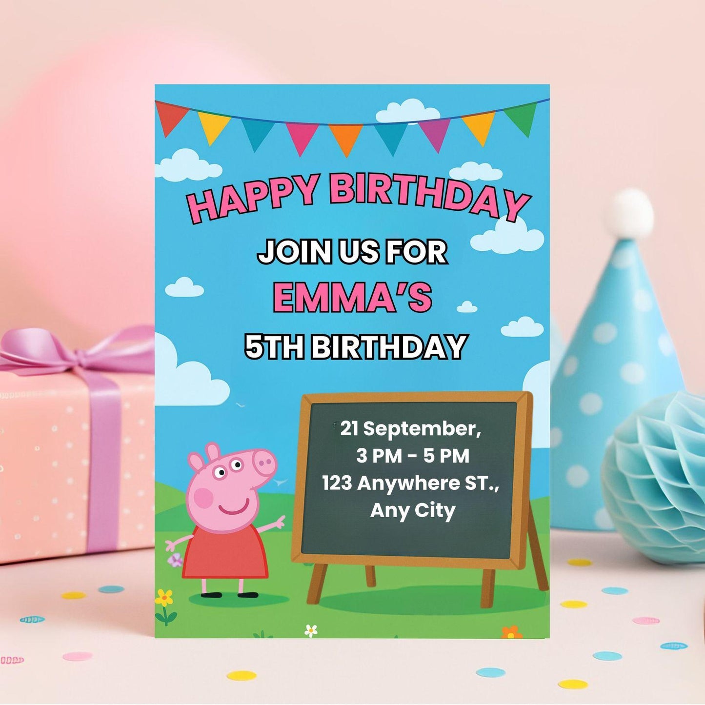 Peppa Pig birthday invitation template featuring Emmas 5th birthday with Peppa pig colorful bunting and chalkboard details