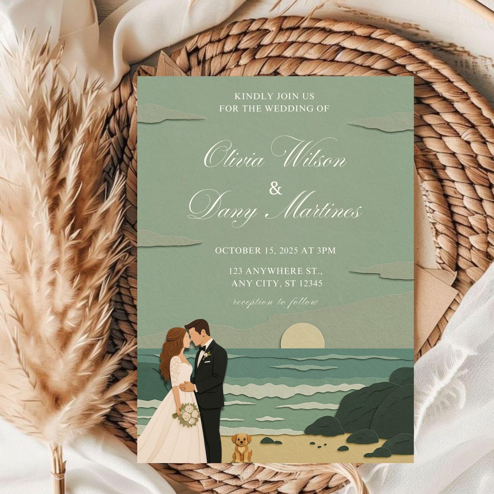 Editable romantic seaside wedding invite showing couple by ocean with sunset and dog on green background
