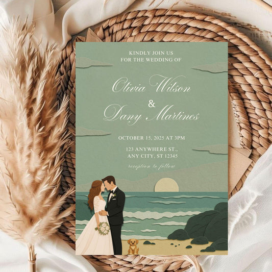 Editable romantic seaside wedding invite showing couple by ocean with sunset and dog on green background