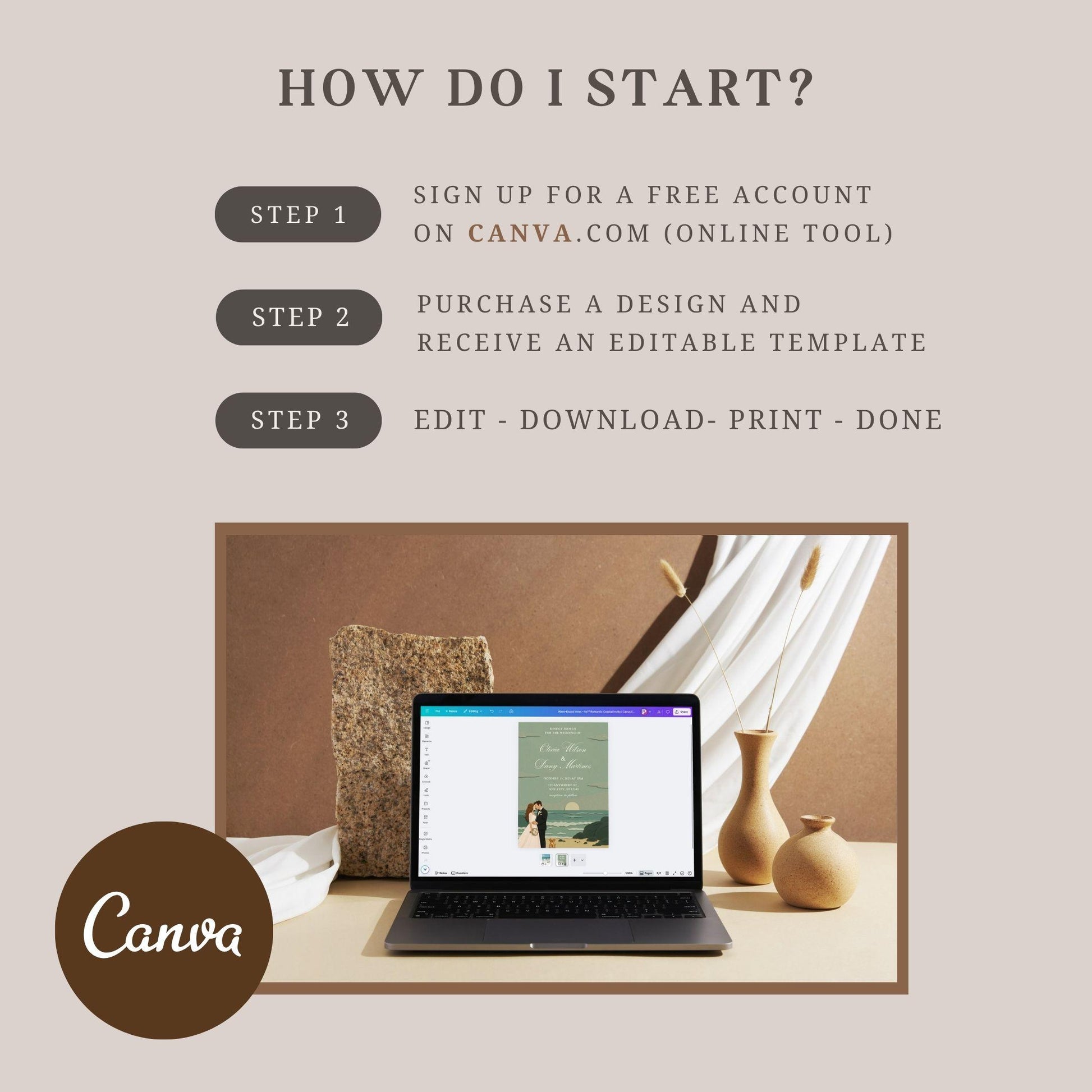 Editable romantic seaside wedding invite template being customized on a laptop using Canva online tool
