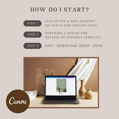 Editable romantic seaside wedding invite template being customized on a laptop using Canva online tool