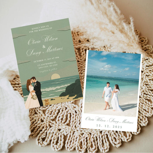 Editable romantic seaside wedding invite with illustration and photo for Olivia Wilson and Larry Martinez