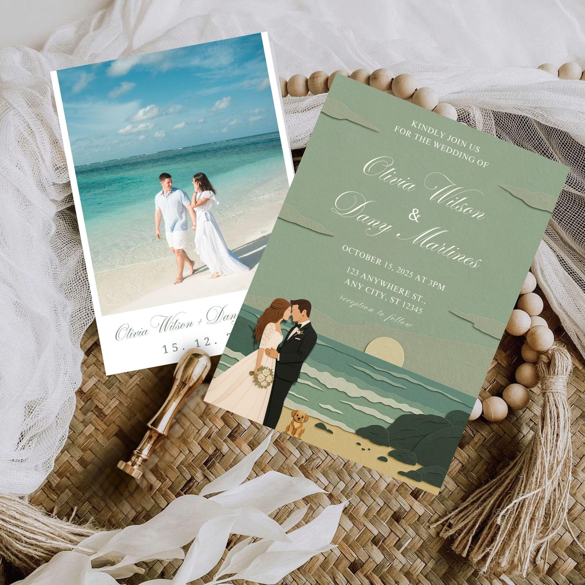 Editable wedding invitation by ProCardist featuring a romantic seaside wedding invite with ocean and sunset design