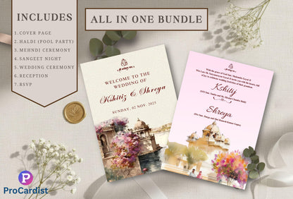 Editable royal indian wedding invitation template bundle with cover and ceremony details by ProCardist