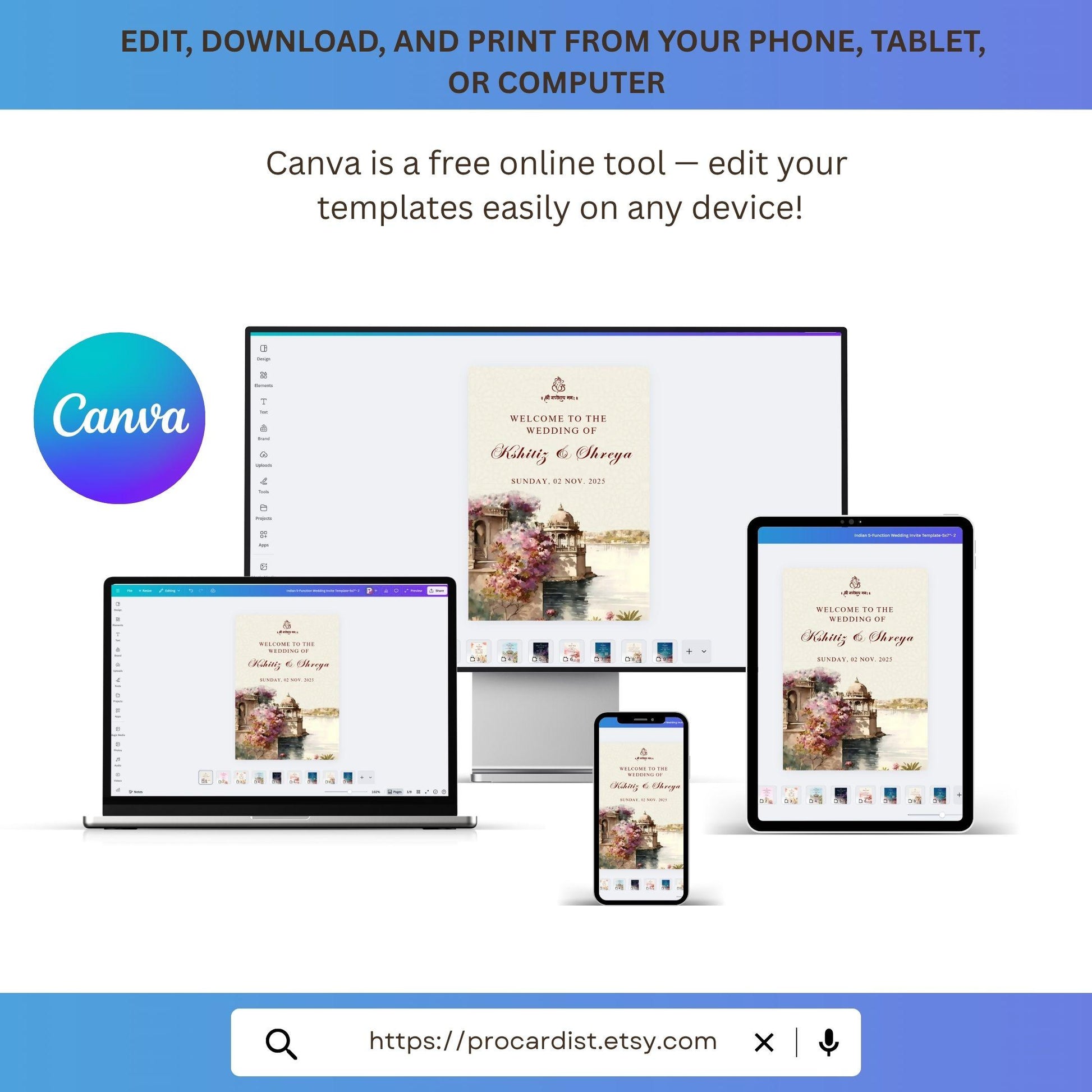 Editable Wedding Invitation Canva Product showcasing a royal indian wedding invitation template on multiple devices