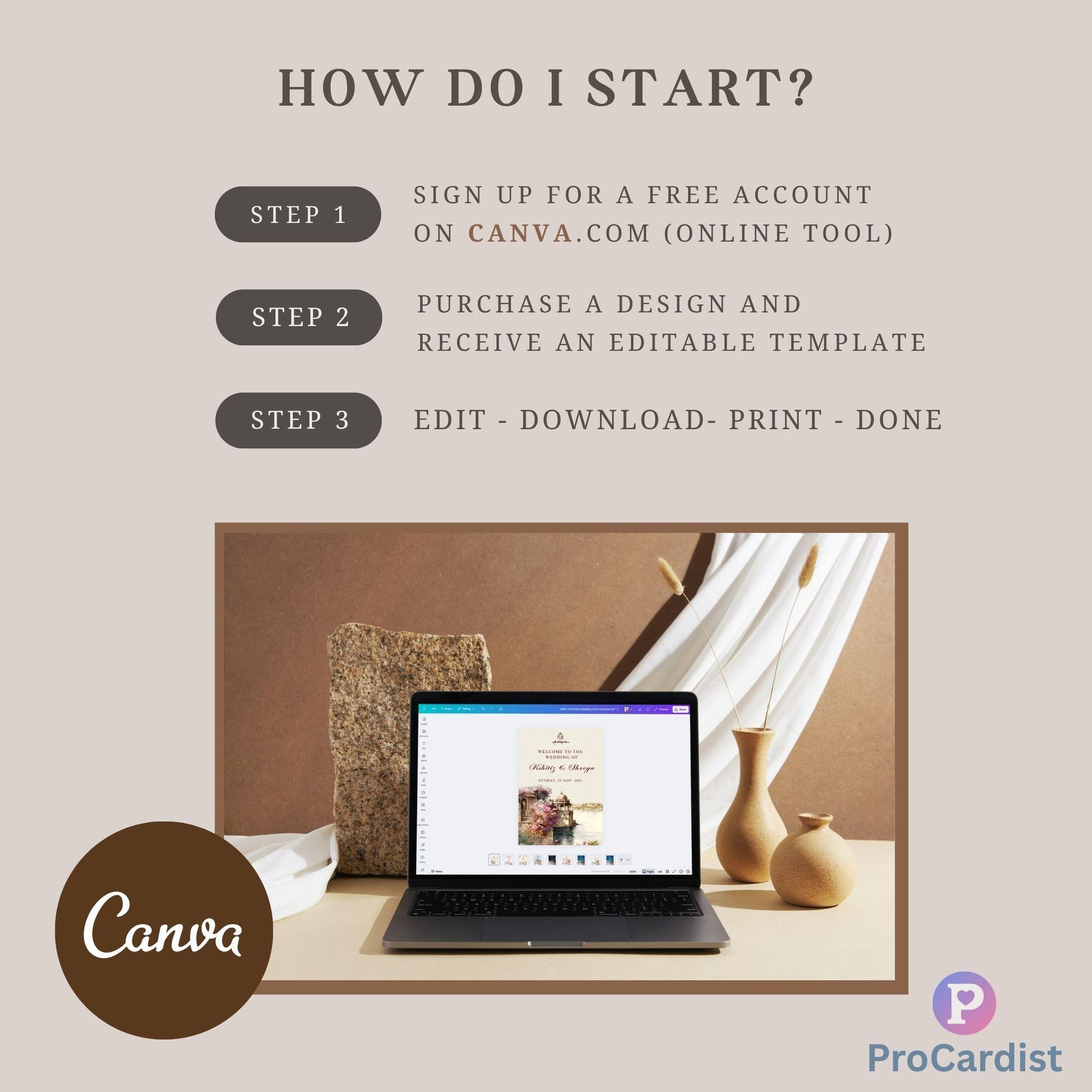 Editable Wedding Invitation Canva Product featuring a royal indian wedding invitation template for easy customization