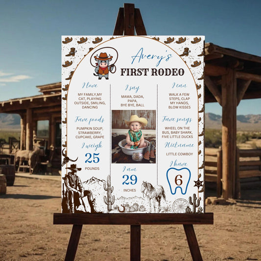Rustic rodeo baby milestone poster featuring first rodeo details and playful cowboy theme