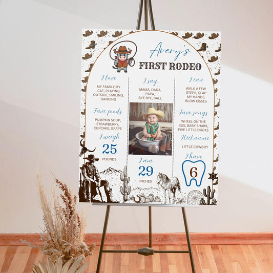 Rustic rodeo baby milestone poster featuring personalized milestones for Avery's first rodeo