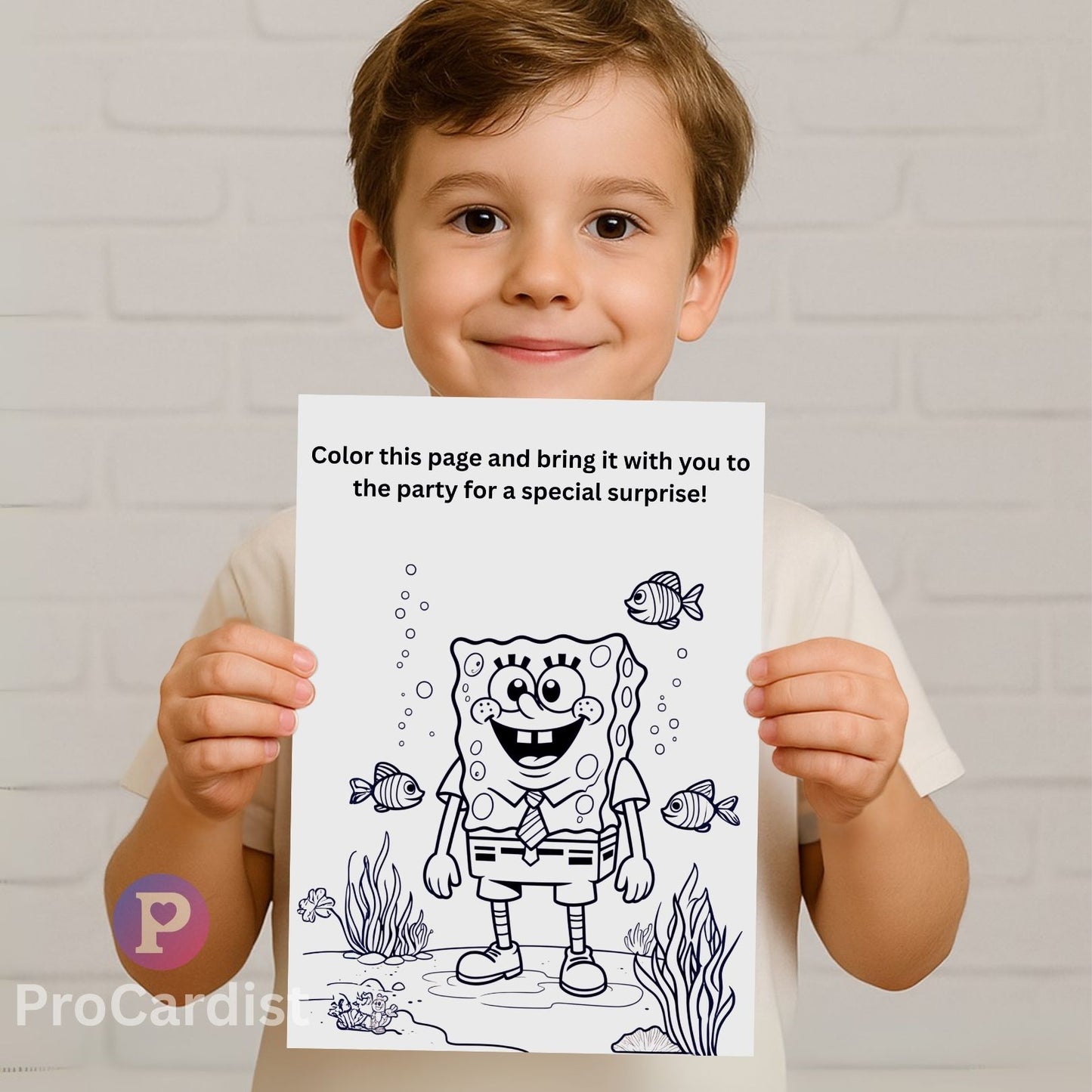 Smiling boy holding a SpongeBob coloring page party invite for kids SpongeBob birthday invitation editable