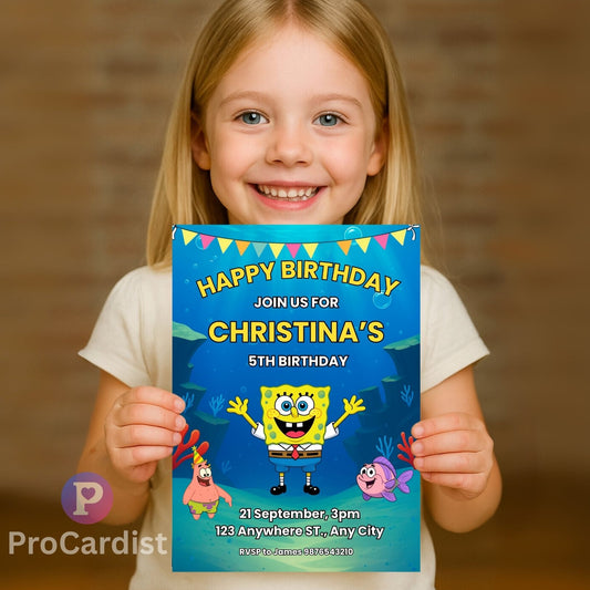 Smiling girl holding a SpongeBob birthday invitation editable blue undersea design for Christina 5th birthday
