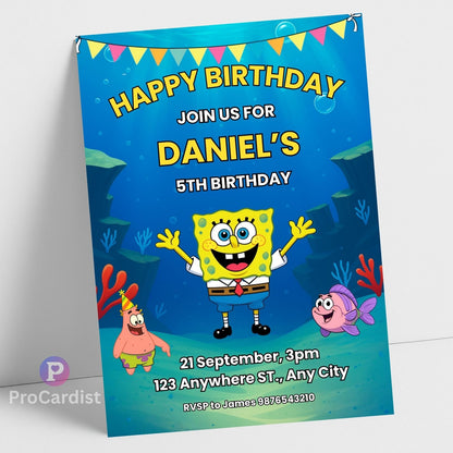 SpongeBob birthday invitation editable featuring SpongeBob center with Patrick and fish underwater scene Daniel age 5 details