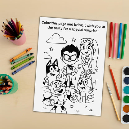 Printable Teen Titans Go birthday invitation coloring page featuring Robin Starfire Cyborg Beast Boy and crayons