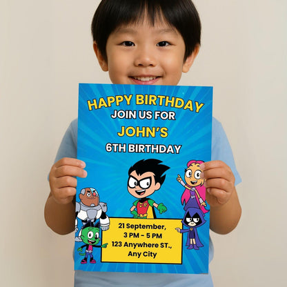 Kid holding bright blue Teen Titans Go birthday invitation with Robin Starfire Raven Beast Boy Cyborg