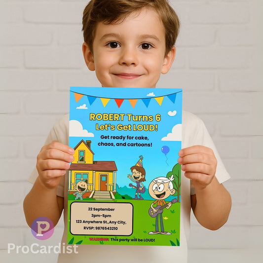 ProCardist The Loud House birthday invitation template with colorful cartoon house and kids holding balloons