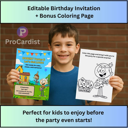 Smiling boy holding colorful ProCardist birthday invite and coloring page The Loud House birthday invitation template
