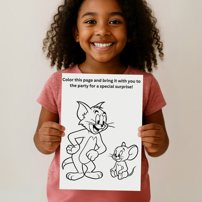 Smiling child holds ProCardist Tom and Jerry birthday invitation template coloring page for party activity