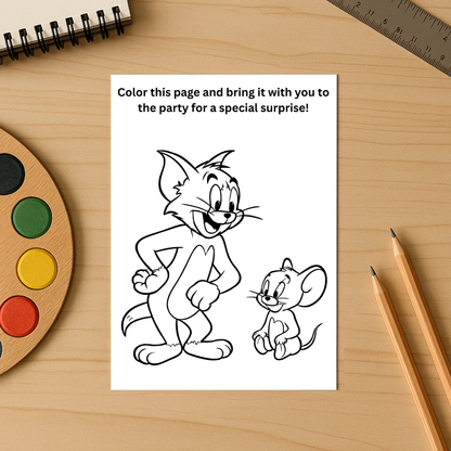 Tom and Jerry birthday invitation template printable coloring page showing Tom and Jerry line art on desk