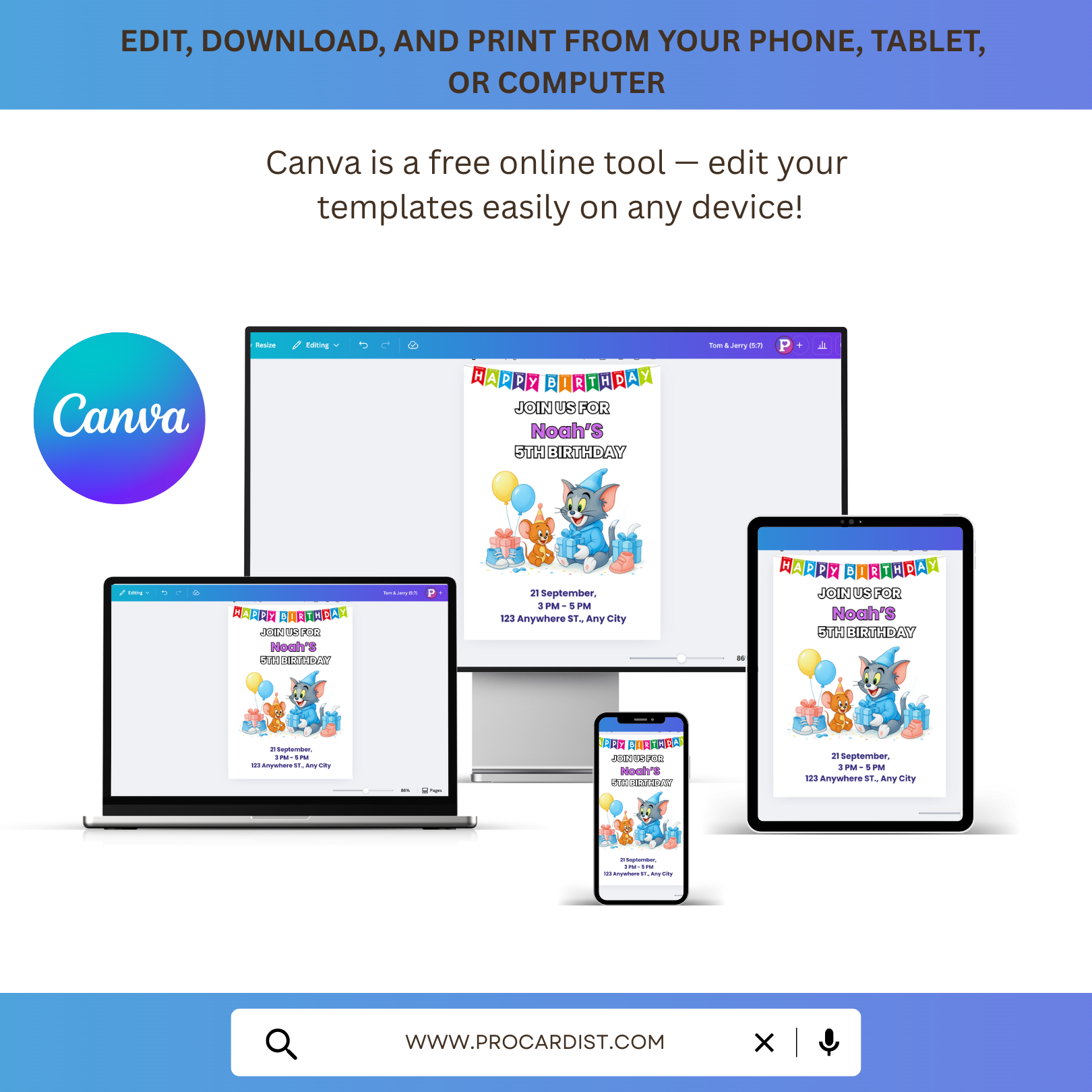 Tom and Jerry birthday invitation template displayed on laptop tablet phone and desktop in Canva editable mockup by ProCardist