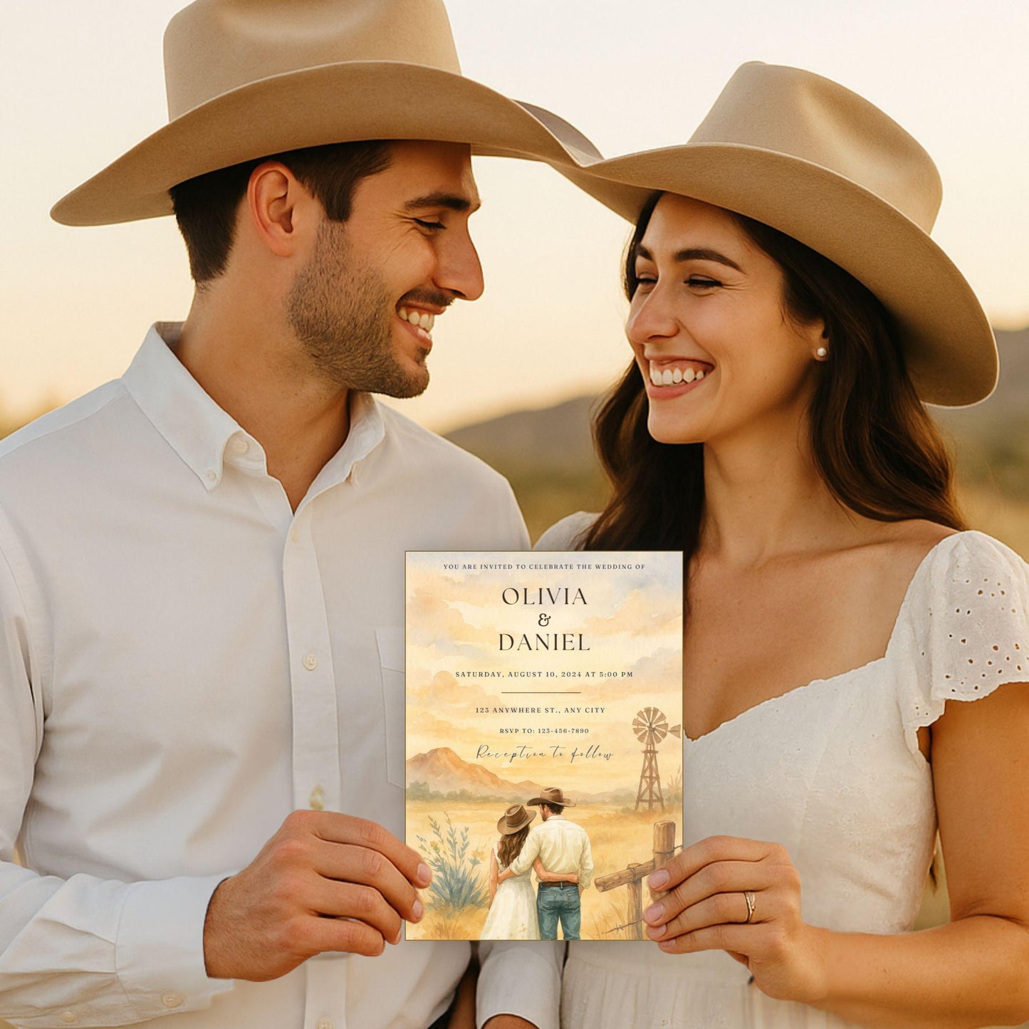 Couple wearing western hats holding editable Western wedding invitation template by ProCardist with rustic countryside design