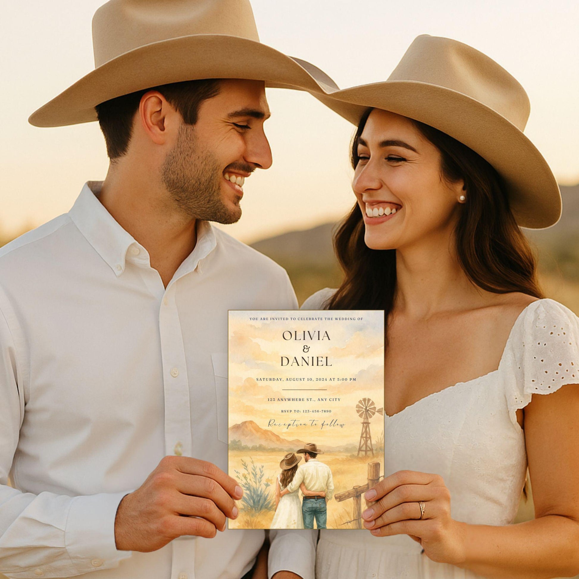 Couple wearing western hats holding editable Western wedding invitation template by ProCardist with rustic countryside design