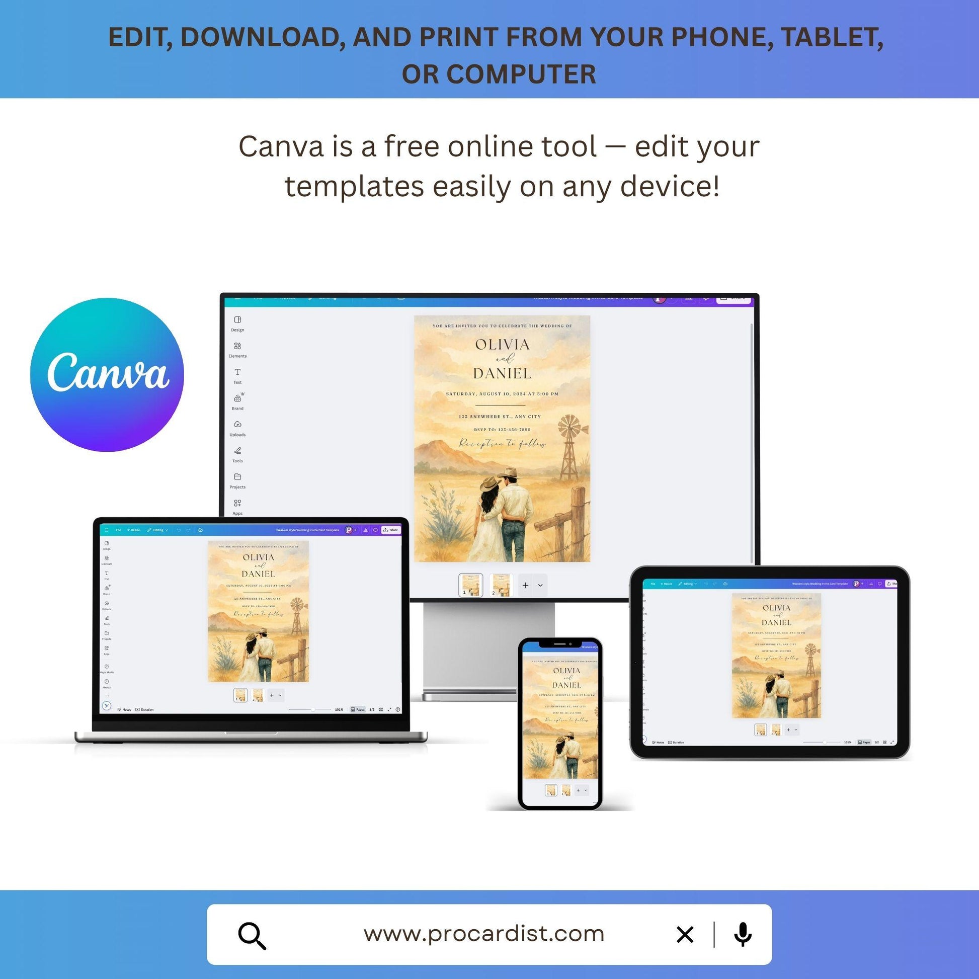 Editable Western wedding invitation template shown on phone tablet laptop and computer using Canva