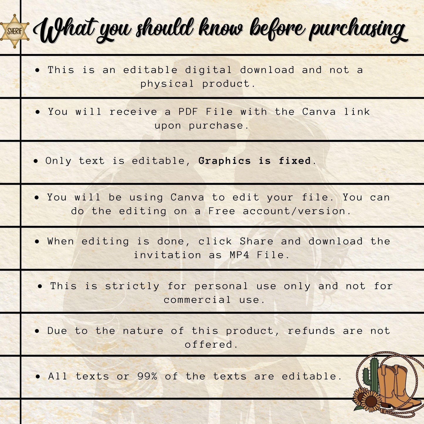 Editable Western wedding invitation template instructions for Canva digital download by ProCardist