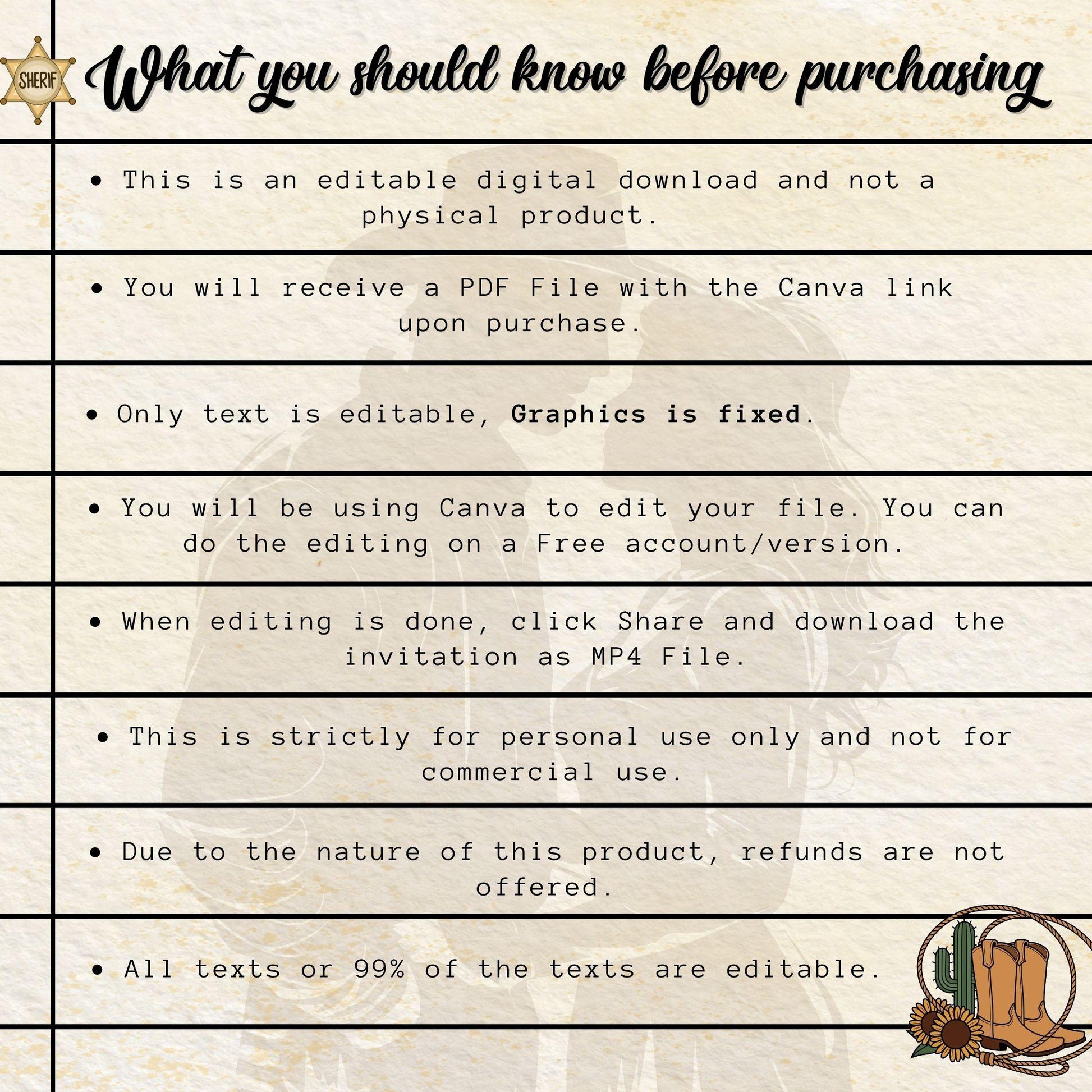 Editable Western wedding invitation template instructions for Canva digital download by ProCardist