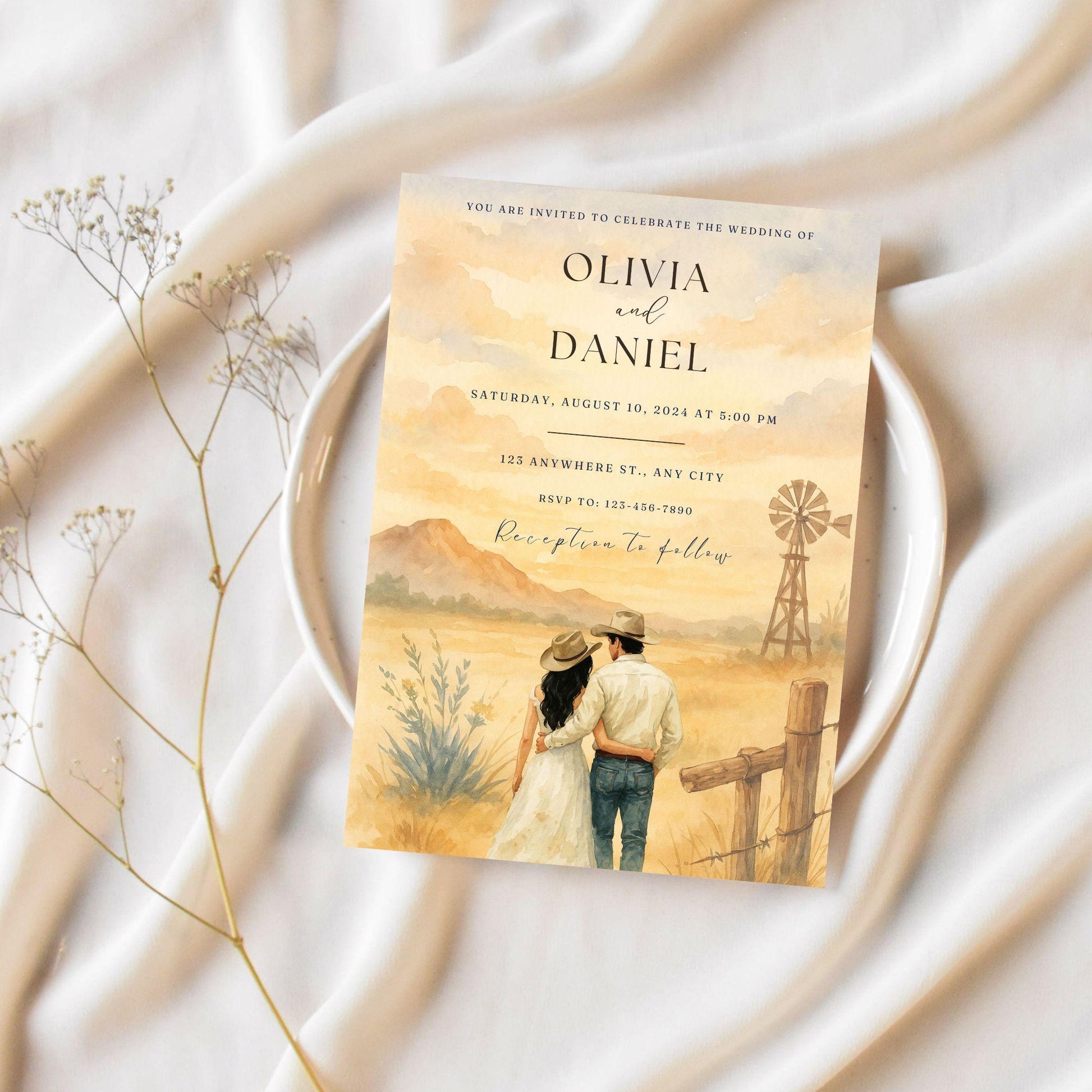 Editable Western wedding invitation template featuring a couple in a rustic landscape with mountains and a windmill