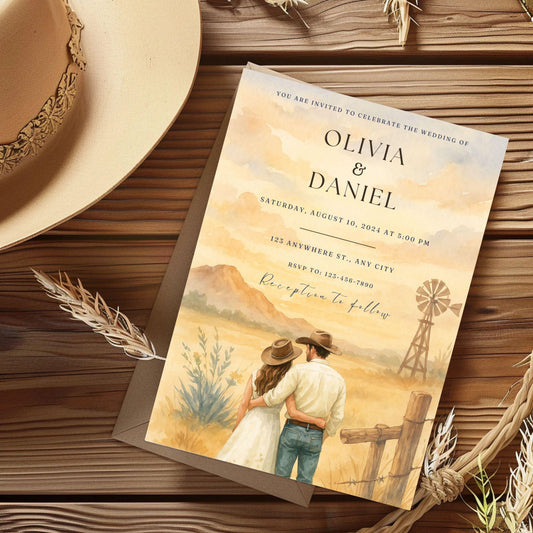 Editable Western wedding invitation template featuring a couple in a rustic landscape with cowboy hats