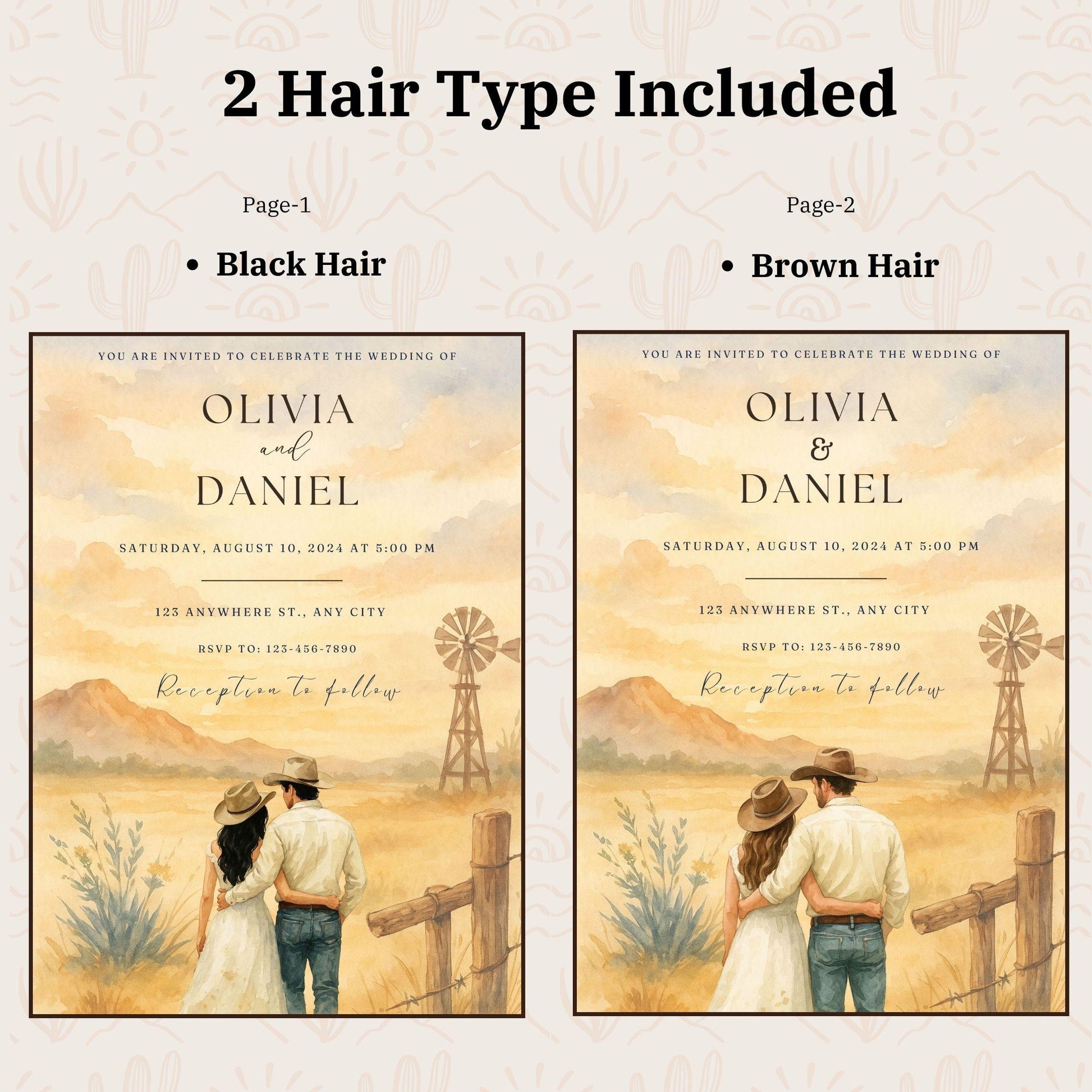 Western wedding invitation template editable on Canva featuring couple with black and brown hair in rustic outdoor setting