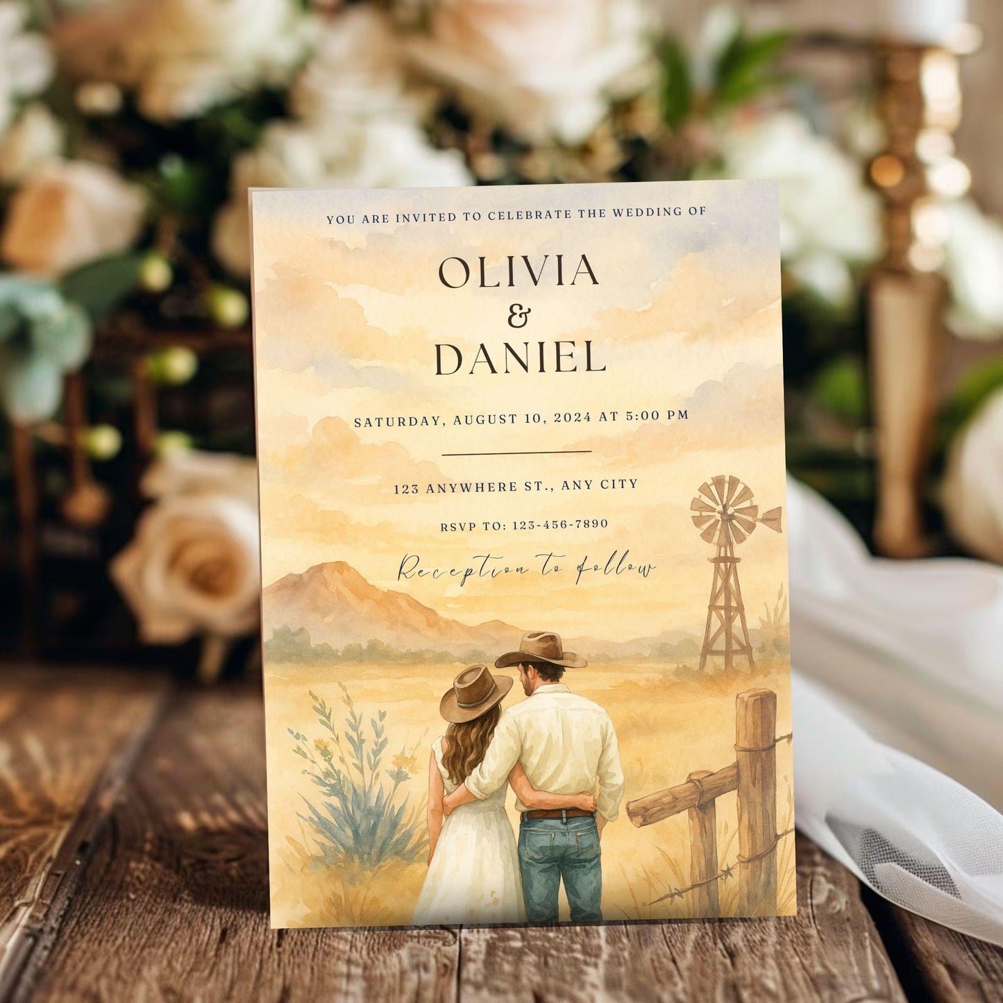 Editable Western wedding invitation template featuring a couple in cowboy hats with a rustic landscape background