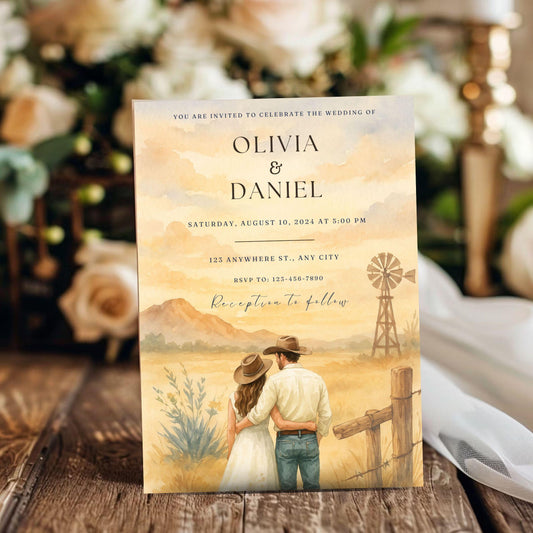 Editable Western wedding invitation template featuring a couple in cowboy hats with a rustic landscape background