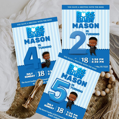 Boss Baby birthday invitation template featuring cartoon boss character with blue and white striped background for ages 2, 4, and 5