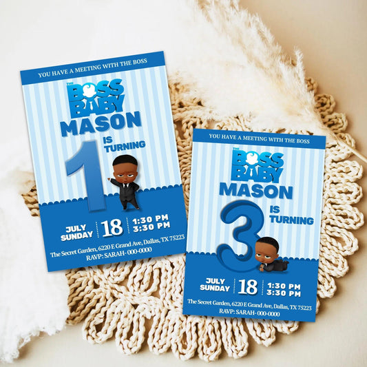 Boss Baby birthday invitation template with blue stripes and cartoon baby in suit for Mason's party