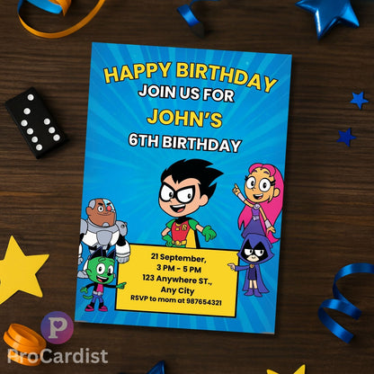 Teen Titans Go birthday invitation for John's 6th birthday featuring colorful characters and party details