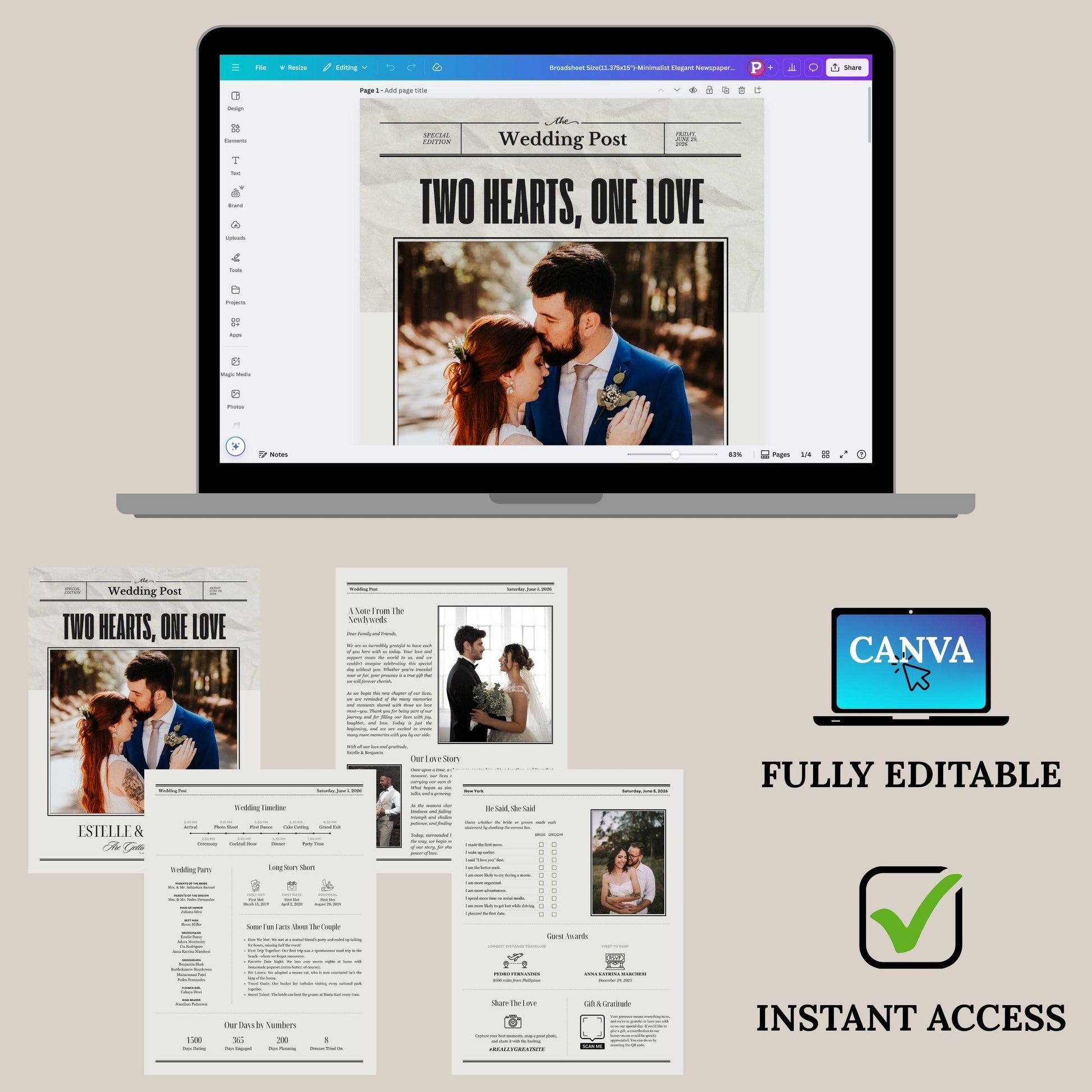 Editable wedding invitation that tells your story in newspaper style with couple photo on Canva by ProCardist