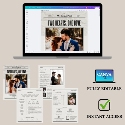 Editable wedding invitation that tells your story in newspaper style with couple photo on Canva by ProCardist