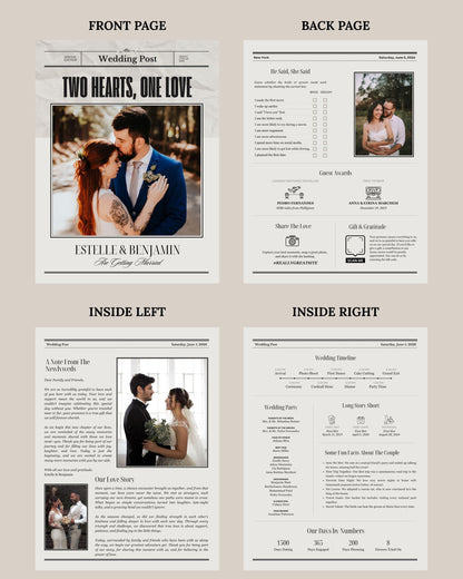 Editable wedding invitation that tells your story with newspaper style design featuring bride and groom photos