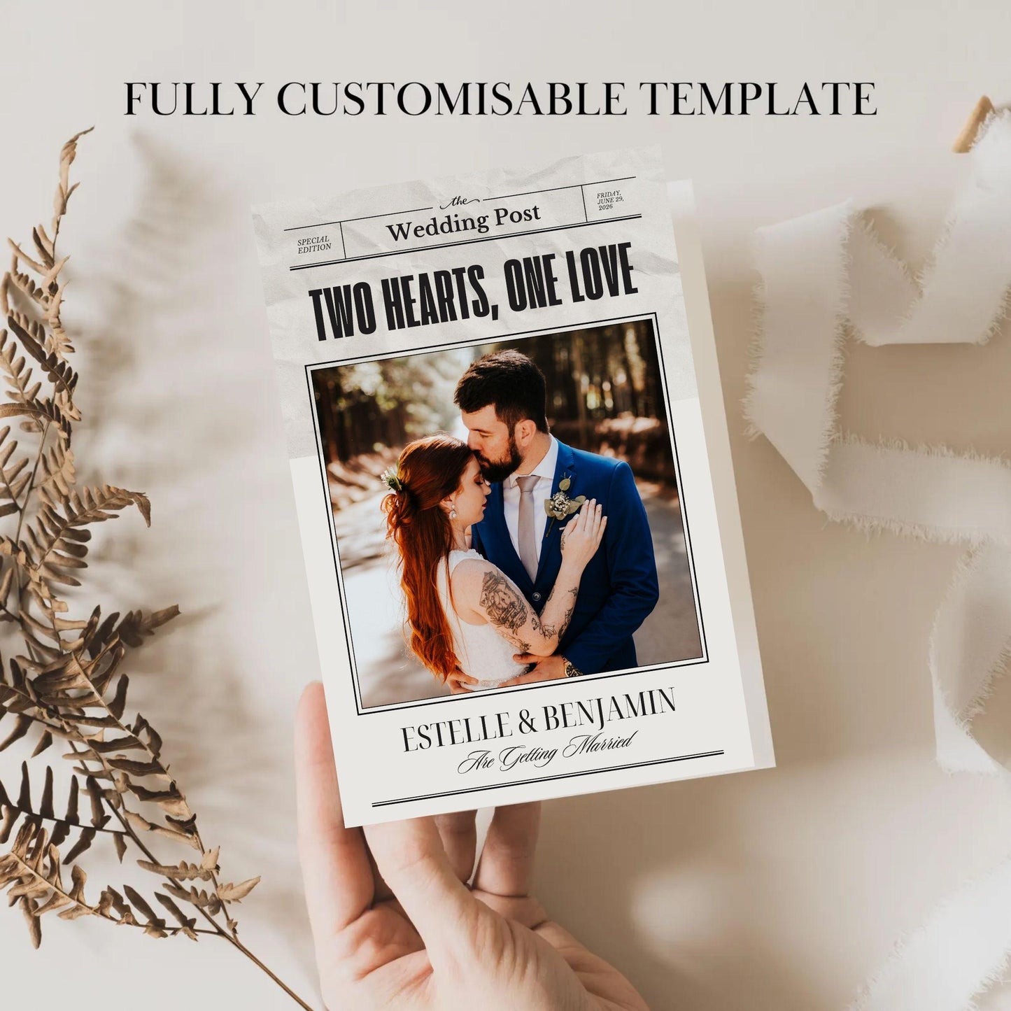 Editable wedding invitation that tells your story with newspaper style featuring couple photo and customizable text