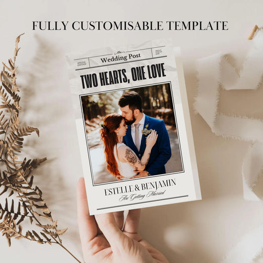 Editable wedding invitation that tells your story with newspaper style featuring couple photo and customizable text