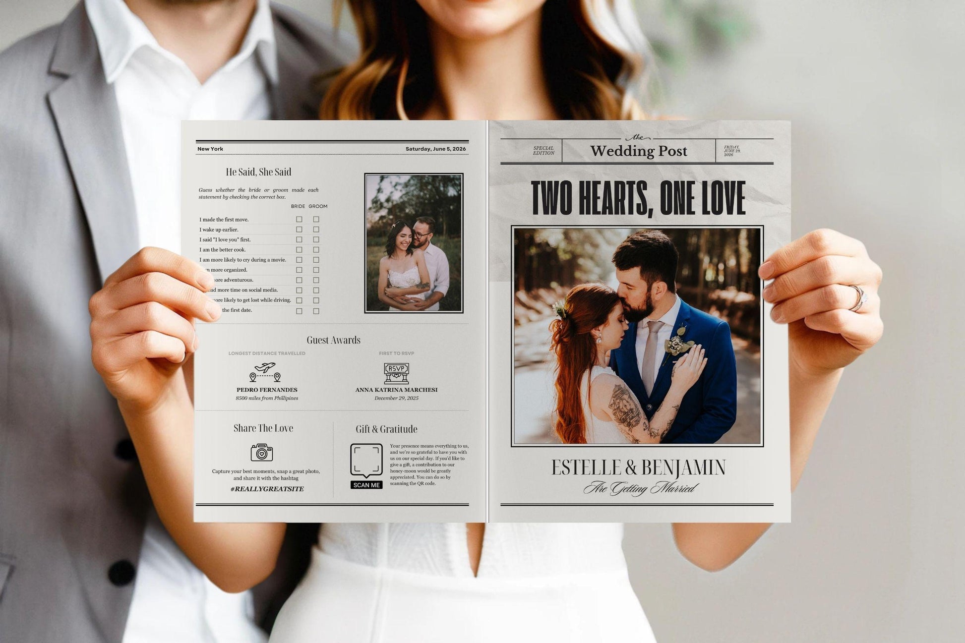 Editable wedding invitation that tells your story with personalized newspaper-style design by ProCardist