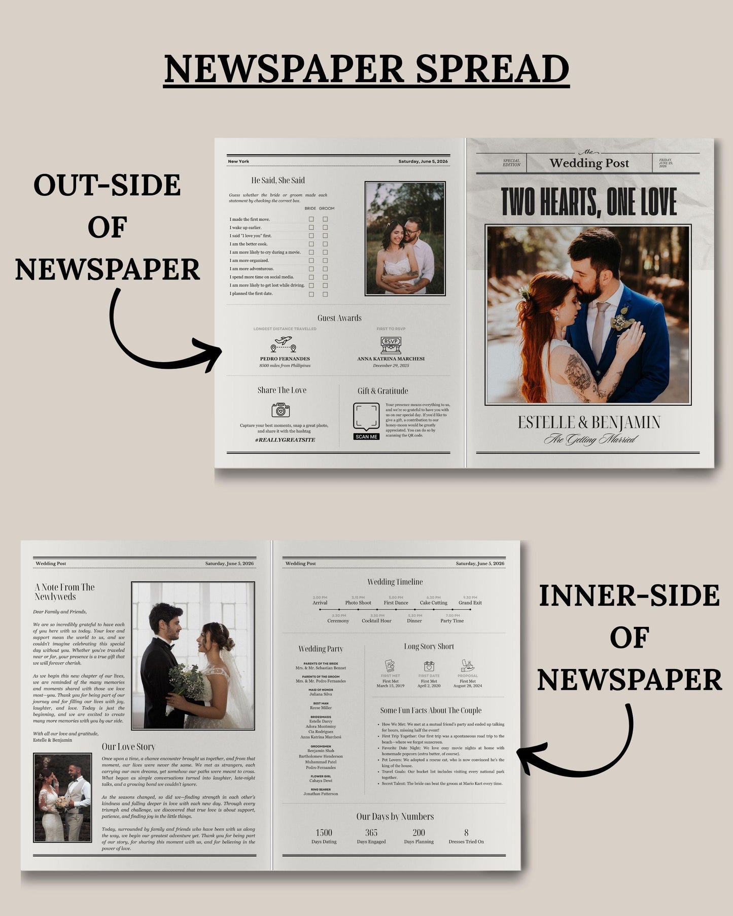 Editable wedding invitation that tells your story in a newspaper spread style with personalized photos and text