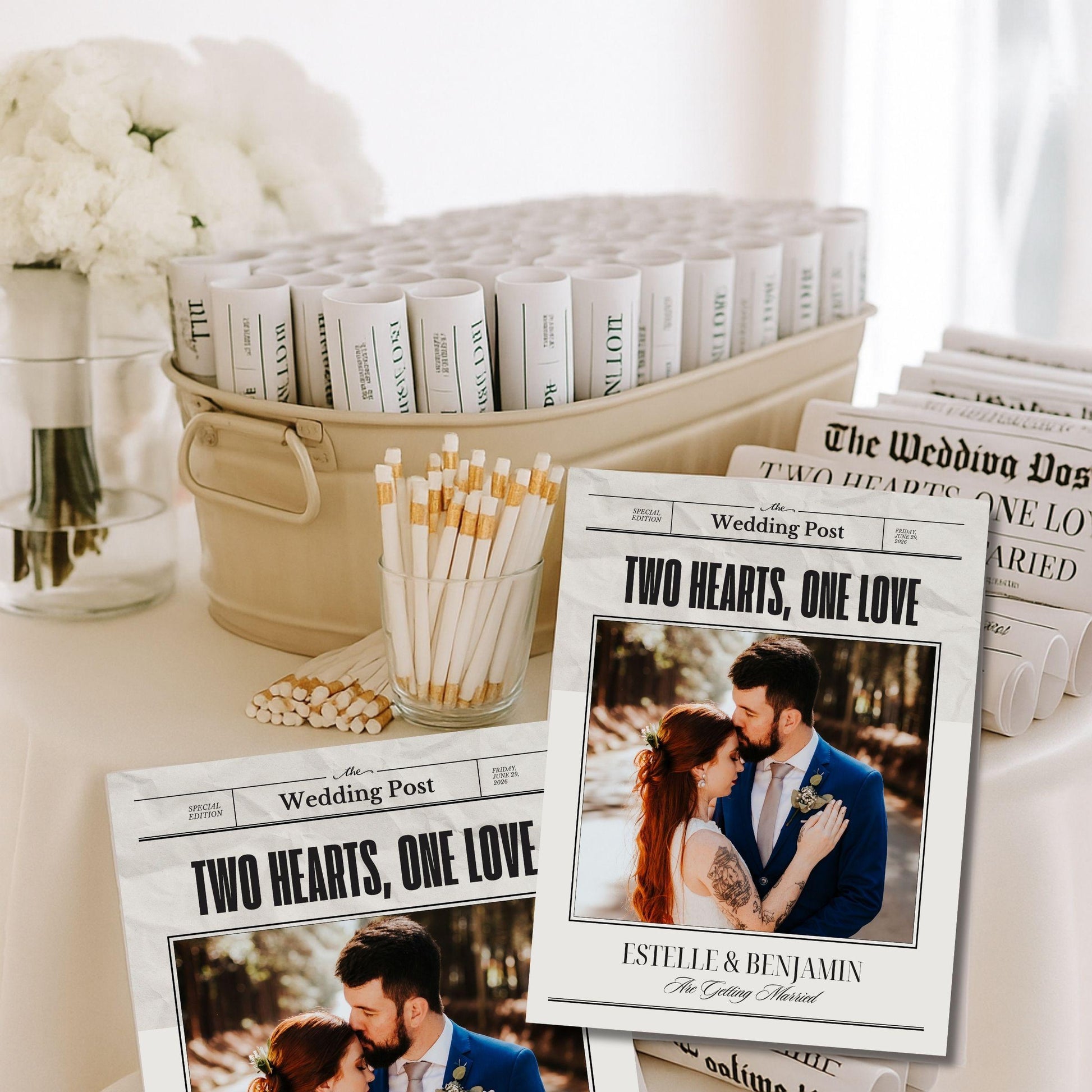 Editable wedding invitation that tells your story designed as a newspaper with couple photo and text