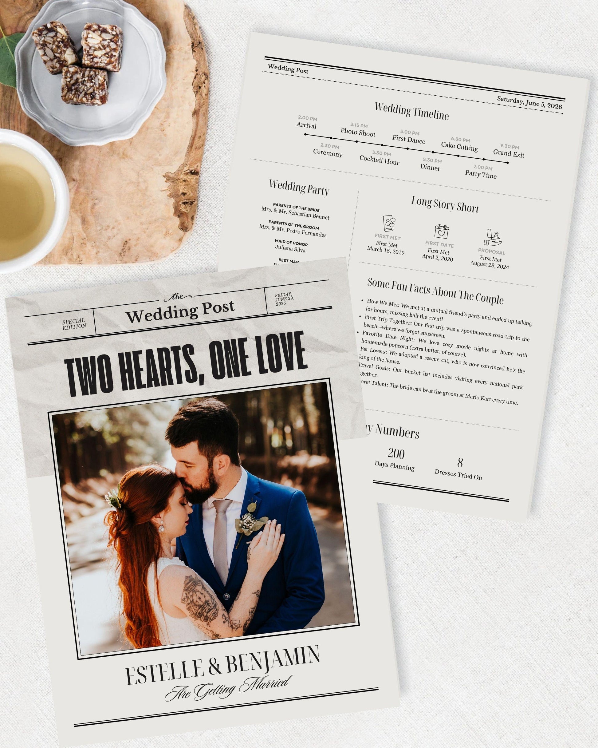Editable wedding invitation that tells your story styled as a vintage newspaper with couple photo