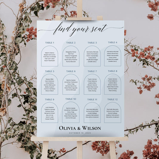 Elegant wedding seating chart template by ProCardist with floral background and clear table assignments