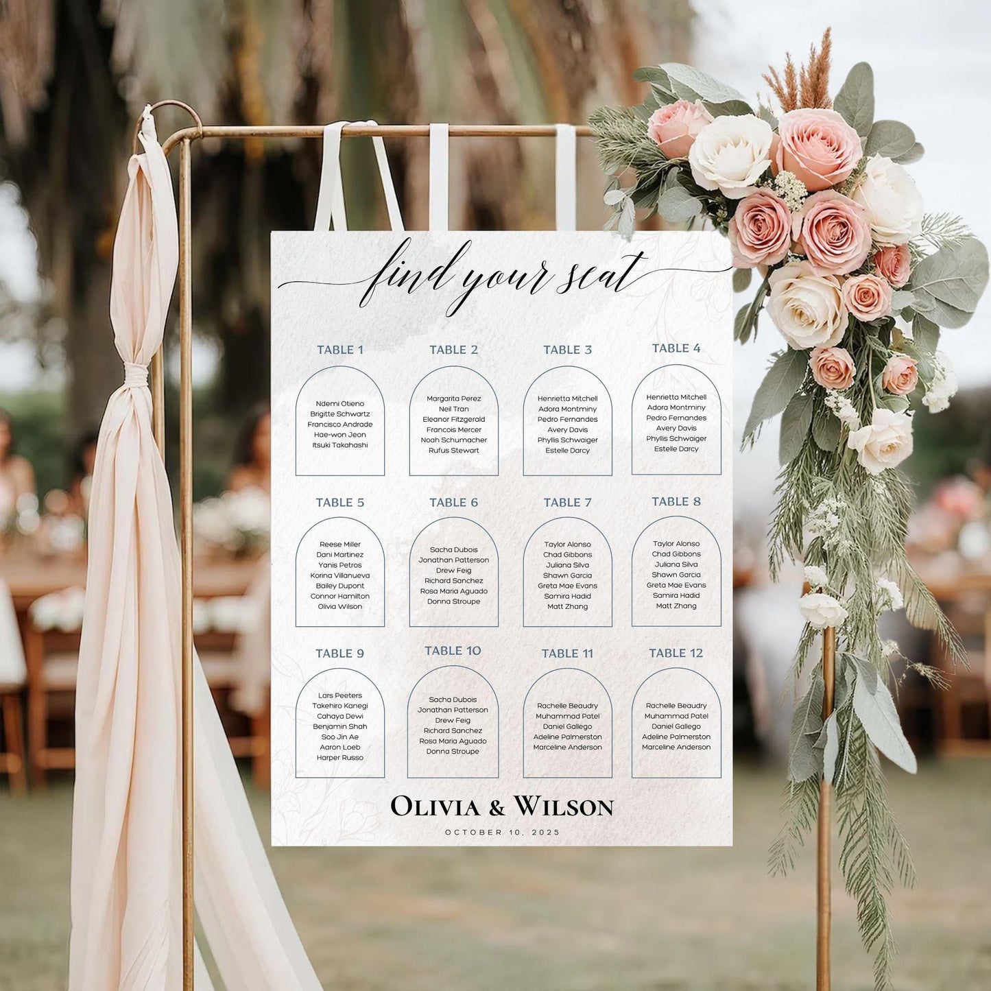 Elegant wedding seating chart template by ProCardist with floral decor and calligraphy seating guide