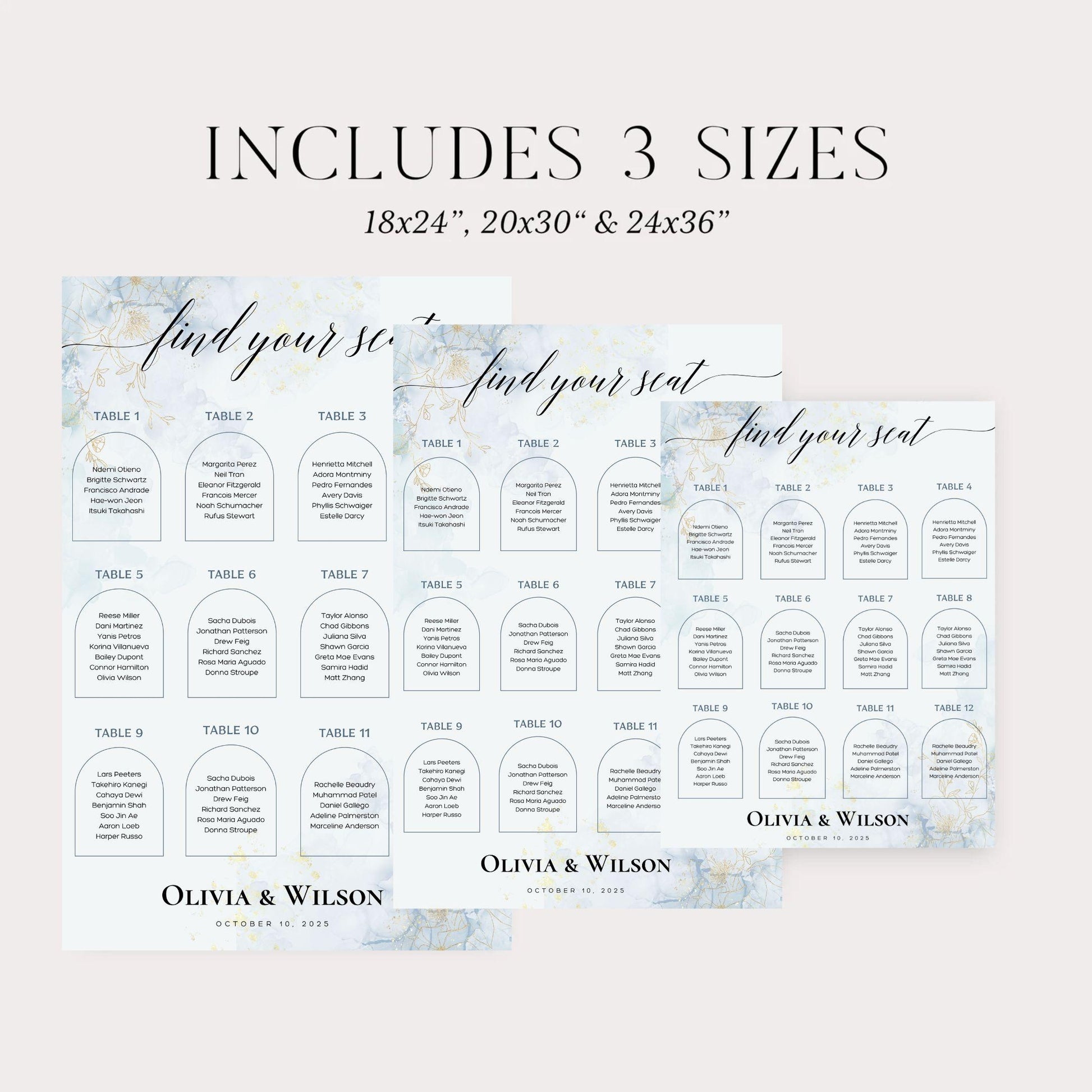 Wedding seating chart template by ProCardist featuring three size options with elegant marble design