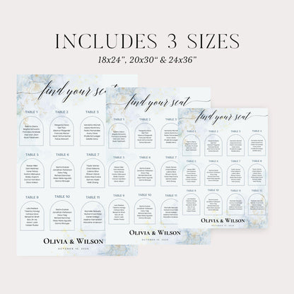 Wedding seating chart template by ProCardist featuring three size options with elegant marble design